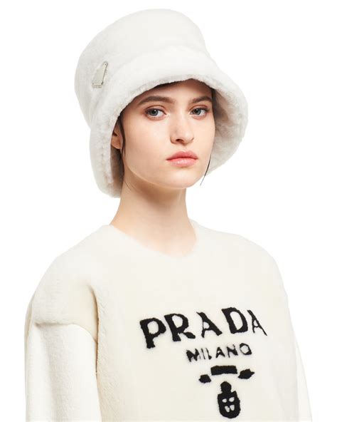 prada bucket hat whiye|Prada fluffy bucket hat.